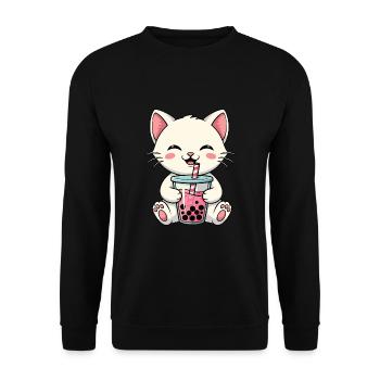 Katze Bubble Tea - Unisex Pullover - Schwarz - Vorne - Alina (178cm) & Michal (187cm)