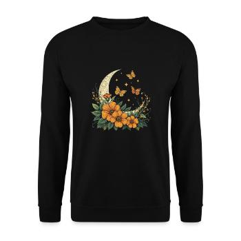 Mondsichel mit Blumen und Schmetterlingen - Unisex Pullover - Schwarz - Vorne - Alina (178cm) & Michal (187cm)