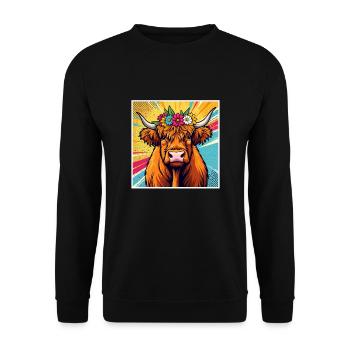 Highland Cow Pop Art Cow - Unisex Pullover - Schwarz - Vorne - Alina (178cm) & Michal (187cm)