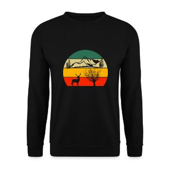 Hirsch Baum Wald Gebirge Wanderer Retro Natur - Unisex Pullover - Schwarz - Vorne - Alina (178cm) & Michal (187cm)