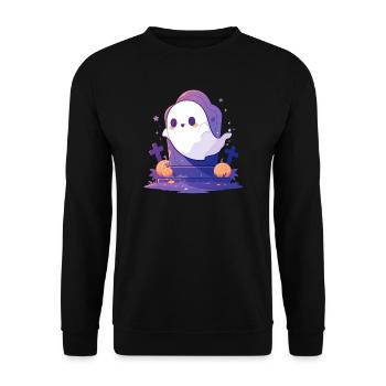 Halloween | Niedlicher Geist auf Friedhof - Unisex Pullover - Schwarz - Vorne - Alina (178cm) & Michal (187cm)