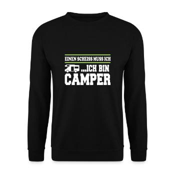 Scheiss muss ich Camping Camper - Unisex Pullover - Schwarz - Vorne - Alina (178cm) & Michal (187cm)