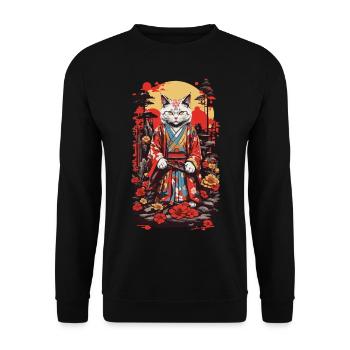 Kimono tragende Katze Shogun Ästhetik Japan Design - Unisex Pullover - Schwarz - Vorne - Alina (178cm) & Michal (187cm)
