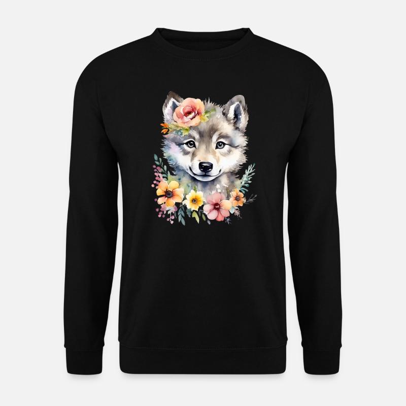 Wolf Wolfsjunges niedlich Wolfsbaby süß Aquarell - Unisex Pullover - Schwarz