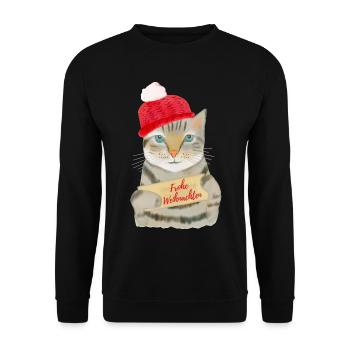Süße Katze wünscht Frohe Weihnachten - Unisex Pullover - Schwarz - Vorne - Alina (178cm) & Michal (187cm)