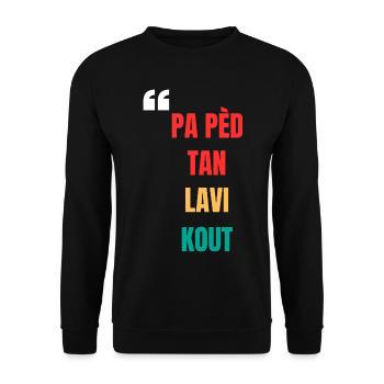Kreolisches T-Shirt "Pa pèd tan lavi kout" - Unisex Pullover - Schwarz - Vorne - Alina (178cm) & Michal (187cm)