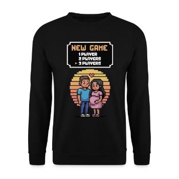 Neue Spiel 3 Spieler Ankündigung Humor Schwangerschaft - Unisex Pullover - Schwarz - Vorne - Alina (178cm) & Michal (187cm)