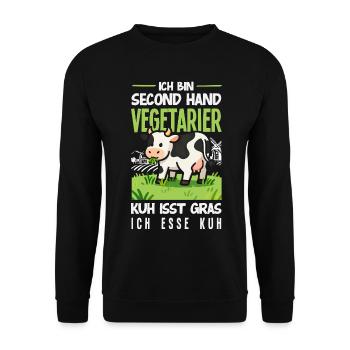 Second Hand Vegetarier Kuh Isst Gras Fleisch - Unisex Pullover - Schwarz - Vorne - Alina (178cm) & Michal (187cm)