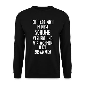 Schuhe Frauen Sprüche Kaufen Verliebt Shoppen Lieb - Unisex Pullover - Schwarz - Vorne - Alina (178cm) & Michal (187cm)