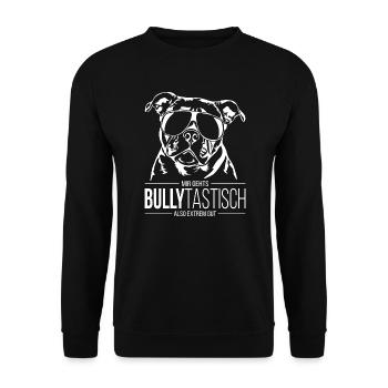 BULLYTASTISCH Old English Bulldog Hundespruch OEB - Unisex Pullover - Schwarz - Vorne - Alina (178cm) & Michal (187cm)