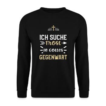Ich suche Trost in Gottes Gegenwart - Unisex Pullover - Schwarz - Vorne - Alina (178cm) & Michal (187cm)