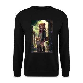 Anime Katze Mädchen Frau Geschenk - Unisex Pullover - Schwarz - Vorne - Alina (178cm) & Michal (187cm)