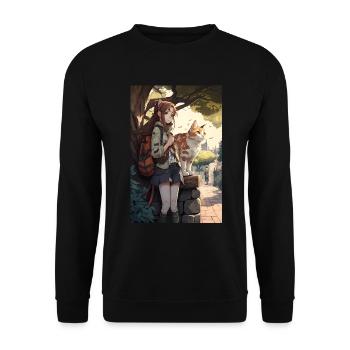 Anime Manga Katze Frau Geschenkidee - Unisex Pullover - Schwarz - Vorne - Alina (178cm) & Michal (187cm)