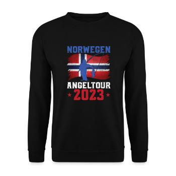 Angeln Norwegen 2023 Angeltour - Unisex Pullover - Schwarz - Vorne - Alina (178cm) & Michal (187cm)