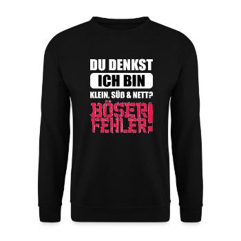 Du denkst ich bin klein süß und nett Böser Fehler - Unisex Pullover - Schwarz - Vorne - Alina (178cm) & Michal (187cm)