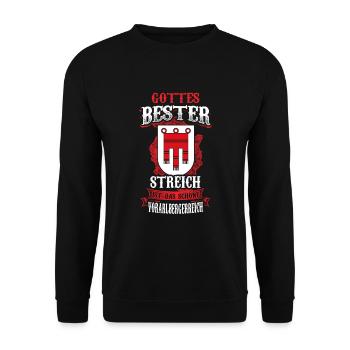 Gottes bester Streich – Vorarlberger Stolz - Unisex Pullover - Schwarz - Vorne - Alina (178cm) & Michal (187cm)