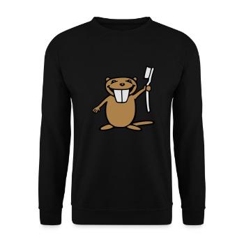 Lustiger Biber mit Zahnbürste - Unisex Pullover - Schwarz - Vorne - Alina (178cm) & Michal (187cm)
