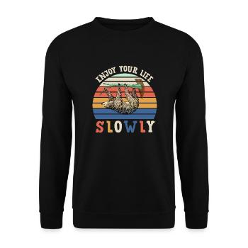 Faultier, Genieß das Leben, Mach langsam - Unisex Pullover - Schwarz - Vorne - Alina (178cm) & Michal (187cm)