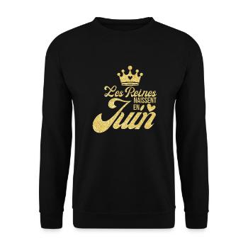 Königinnen werden im Juni geboren goldener Glitzer - Unisex Pullover - Schwarz - Vorne - Alina (178cm) & Michal (187cm)