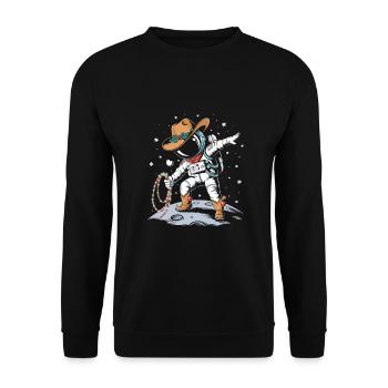 Astronaut mit Weihnachtsmütze und Deko im Weltall - Unisex Pullover - Schwarz - Vorne - Alina (178cm) & Michal (187cm)