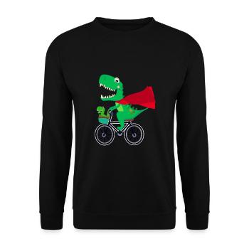 lustiger Superheld Dinosaurier auf dem Fahrrad - Unisex Pullover - Schwarz - Vorne - Alina (178cm) & Michal (187cm)