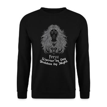 Mystische nordische Göttin Freya Illustration - Unisex Pullover - Schwarz - Vorne - Alina (178cm) & Michal (187cm)