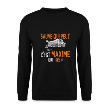 Maxime c est maxime qui tire Humour Chasseur - Sweat-shirt Unisexe - noir - Devant - Alina (178cm) & Michal (187cm)