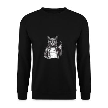 Chat cool avec bière, veste en cuir et lunettes de soleil - Sweat-shirt Unisexe - noir - Devant - Alina (178cm) & Michal (187cm)
