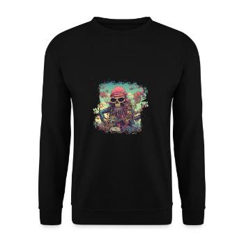 Psychedelisches Hippie Skelett mit Gitarre - Unisex Pullover - Schwarz - Vorne - Alina (178cm) & Michal (187cm)