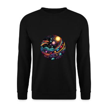 Surrealistisches Weltraum Kunstwerk mit Planeten - Unisex Pullover - Schwarz - Vorne - Alina (178cm) & Michal (187cm)