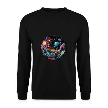 Surrealistisches Weltraum Kunstwerk mit Planeten - Unisex Pullover - Schwarz - Vorne - Alina (178cm) & Michal (187cm)