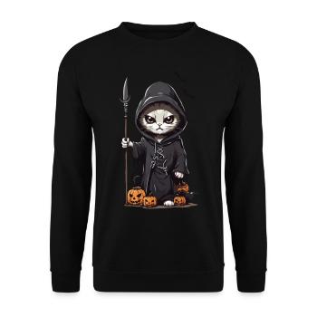 Niedliches Sensenmann Katzen Halloween Design - Unisex Pullover - Schwarz - Vorne - Alina (178cm) & Michal (187cm)