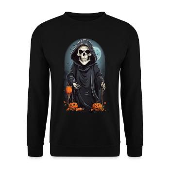 Cartoon Skelett Grim Reaper Halloween Design - Unisex Pullover - Schwarz - Vorne - Alina (178cm) & Michal (187cm)