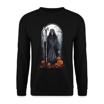 Retro Grim Reaper Pumpkin Halloween Horror Design - Unisex Sweatshirt - black - Front - Alina (178cm) & Michal (187cm)