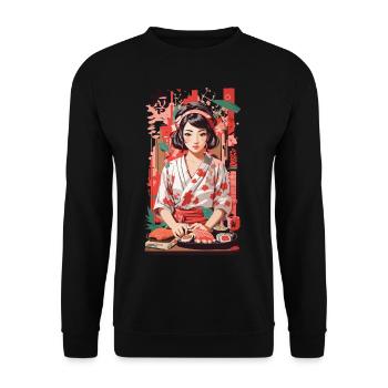 Kawaii Sushi Anime Girl Retro Ukiyo-E Style - Unisex Sweatshirt - black - Front - Alina (178cm) & Michal (187cm)
