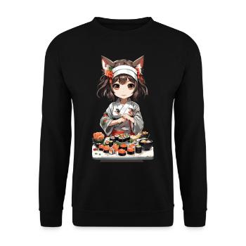 Kawaii Katzen Girl Sushi Kemonomimi Anime Design - Unisex Pullover - Schwarz - Vorne - Alina (178cm) & Michal (187cm)