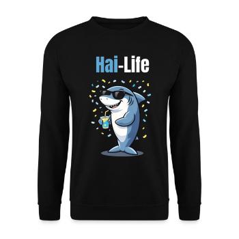 Hai-Life | Cooler Cartoon-Hai mit Sommerfeeling - Unisex Pullover - Schwarz - Vorne - Alina (178cm) & Michal (187cm)