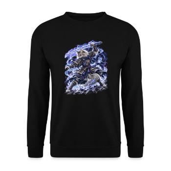 Samurai Cat Stormblade – Epische Blitz Katze - Unisex Pullover - Schwarz - Vorne - Alina (178cm) & Michal (187cm)