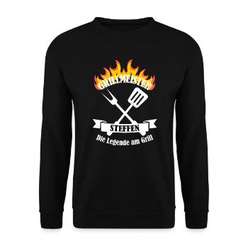 Grillmeister Steffen lustiger Spruch Vorname - Unisex Pullover - Schwarz - Vorne - Alina (178cm) & Michal (187cm)