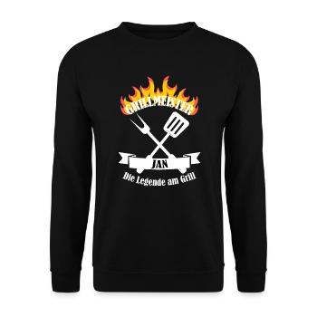 Grillmeister Jan lustiger Spruch Vorname - Unisex Pullover - Schwarz - Vorne - Alina (178cm) & Michal (187cm)