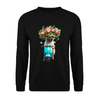 E-Rolller Mops mit Blumenkranz - Unisex Pullover - Schwarz - Vorne - Alina (178cm) & Michal (187cm)