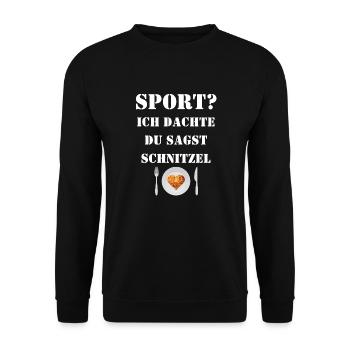 Lustig - Sport? Ich dachte, du sagst Schnitzel - Unisex Pullover - Schwarz - Vorne - Alina (178cm) & Michal (187cm)