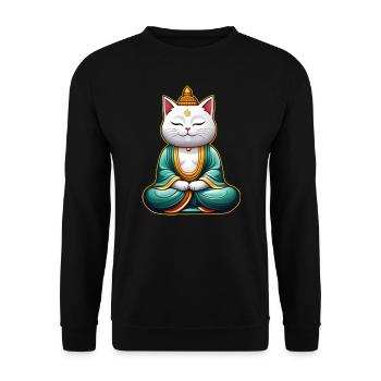 Niedliche weiße Katze in Buddha Yoga Position - Unisex Pullover - Schwarz - Vorne - Alina (178cm) & Michal (187cm)