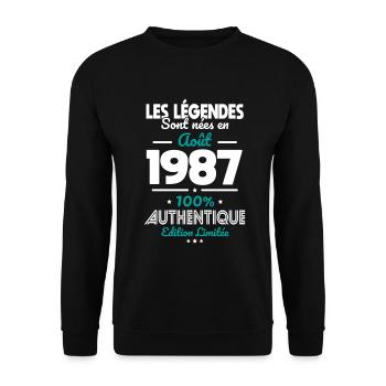 Anniversaire 35 ans - Légendes nées Août 1987 - Sweat-shirt Unisexe - noir - Devant - Alina (178cm) & Michal (187cm)