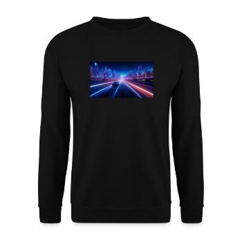 Neon Pulse: Ein futuristisches Auto auf der Autoba - Unisex Pullover - Schwarz - Vorne - Alina (178cm) & Michal (187cm)