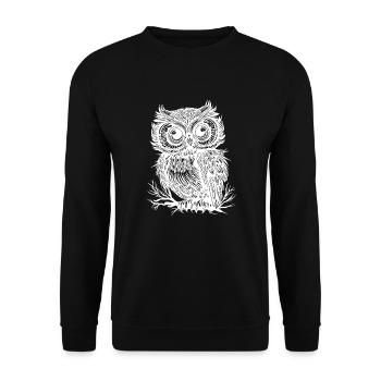 Große Augen Wald Eule auf einem Ast - Unisex Pullover - Schwarz - Vorne - Alina (178cm) & Michal (187cm)