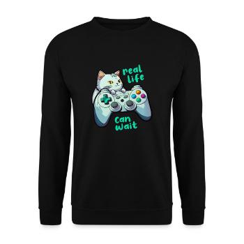 Gamer Katze Controller Spruch Real Life Can Wait - Unisex Pullover - Schwarz - Vorne - Alina (178cm) & Michal (187cm)