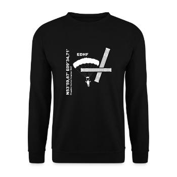 Flugplatz EDHF Design, Koordinaten und Fallschirm - Unisex Pullover - Schwarz - Vorne - Alina (178cm) & Michal (187cm)