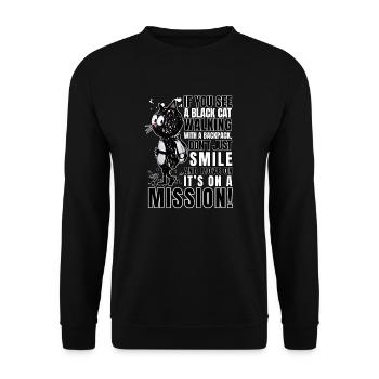 Funny Cat with Backpack - "On Mission" Cartoon - Unisex Sweatshirt - black - Front - Alina (178cm) & Michal (187cm)