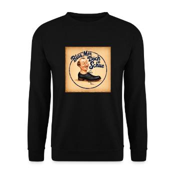 „Blas Mer Doch id Schue“ - Unisex Pullover - Schwarz - Vorne - Alina (178cm) & Michal (187cm)